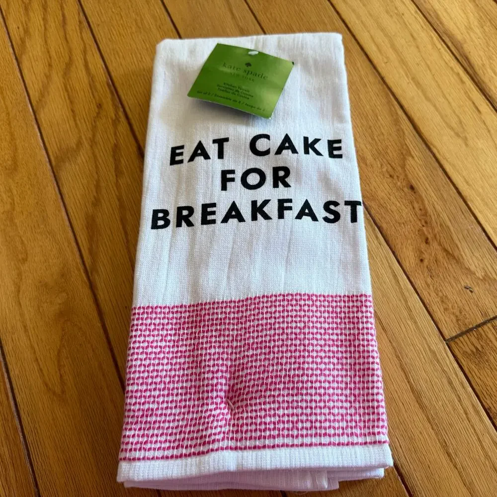 Kate Spade New York Eat Cake For Breakfast Kitchen Towels Set 2 White Pink NWT